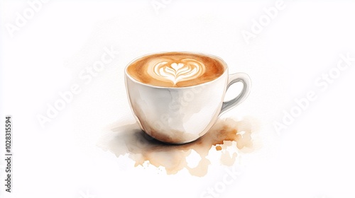 Coffee Break: A Watercolor Delight: A single cup of coffee with a delicate heart design in the foam sits on a white background, surrounded by a subtle watercolor stain.