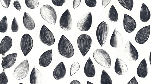 A drawing of many black and white leaves