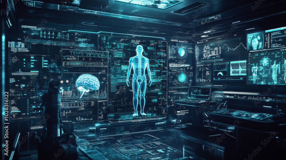 A futuristic idea of a digital human body used for healthcare in the future. This concept imagines advanced technology and a high-tech environment for health monitoring.