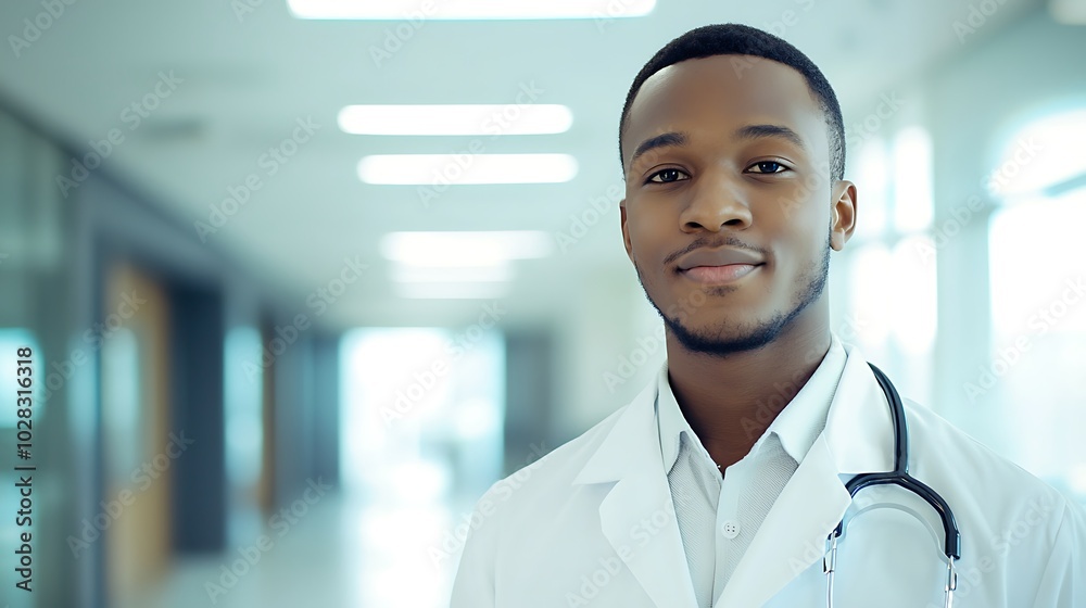 Portrait of a confident young African American male doctor in a modern hospital setting. Portrait of a confident young African American male doctor in a modern hospital setting.