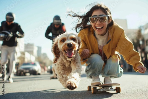 Joyful woman skateboarding with dog on sunny city street photo