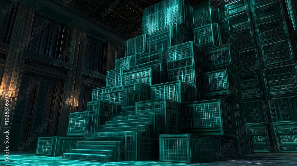 Fototapeta premium Futuristic Architectural Grid of Glowing Geometric Structures in Dark Abstract Sci-Fi Interior