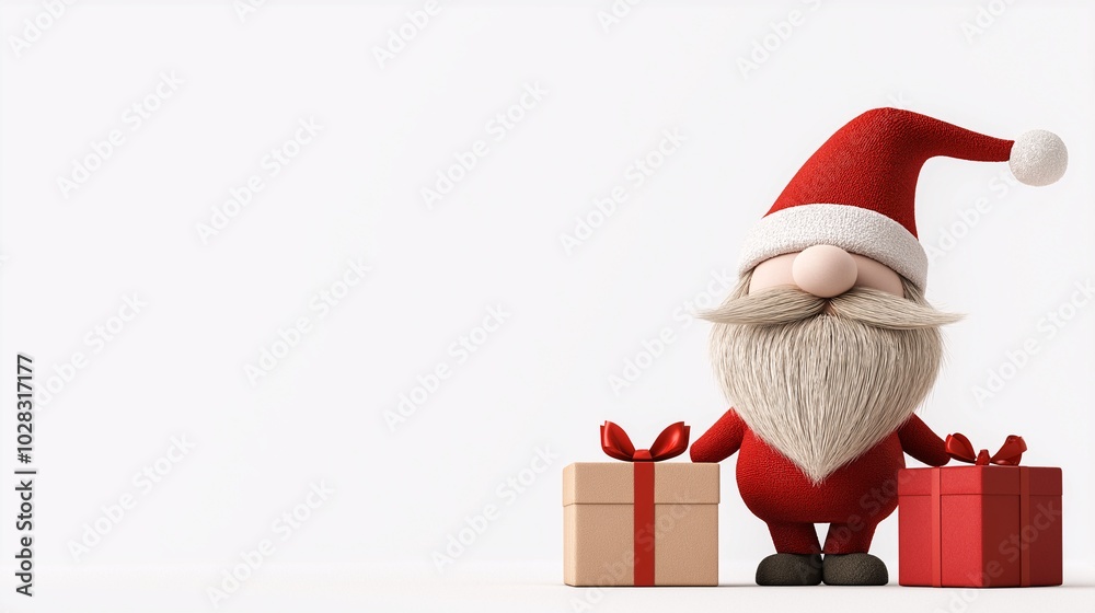 Fototapeta premium Santa Claus with Gifts: A cheerful Santa Claus in a red suit and hat stands with two presents, ready to spread holiday cheer and joy. 