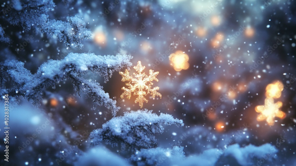 A snow covered tree with a snowflake on it A snow covered tree with a snowflake on it