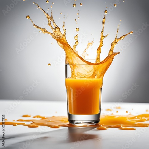 A vibrant juice splash in a glass, with droplets flying everywhere. The background is a soft gray, and the glass is clear with a thick rim. photo