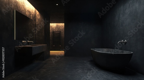 Contemporary modern bathroom interior in dark black colors, concrete and wooden elements.