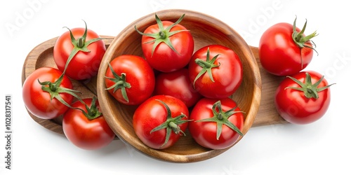 Red tomatoes in a wooden bowl, side and top view, isolated on white background