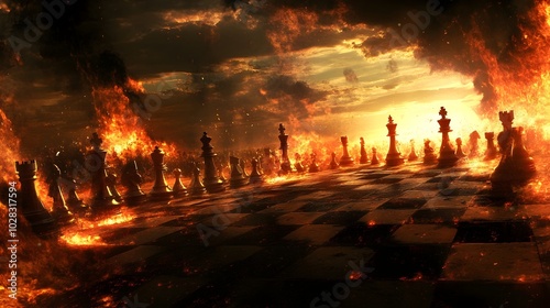 Fierce Flames Engulf Surreal Chess Board in Dramatic Strategic Showdown