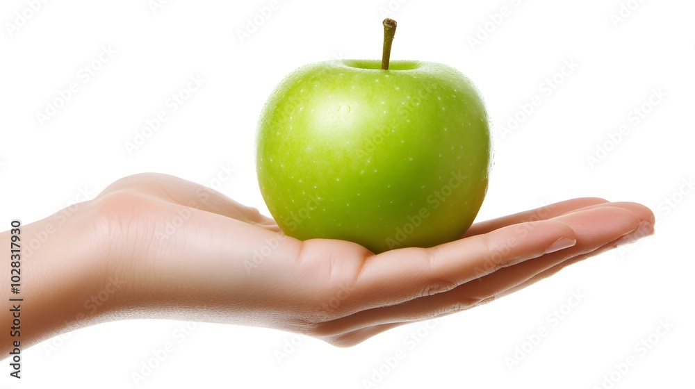 Woman's Hand Presenting a Fresh and Vibrant Green Apple in a Detailed Close-Up Woman's Hand Presenting a Fresh and Vibrant Green Apple in a Detailed Close-Up