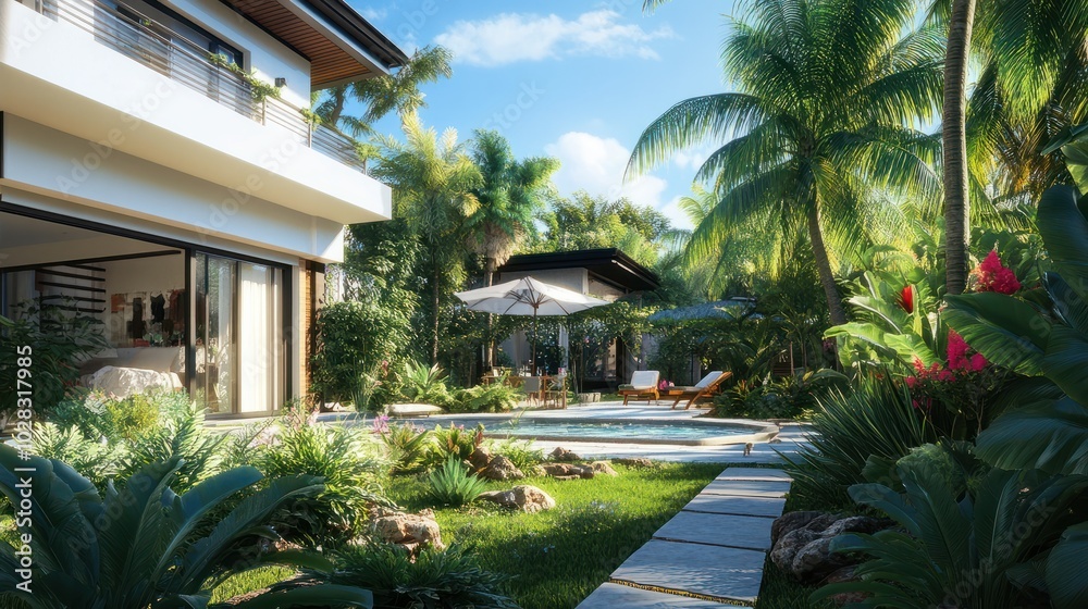 D rendering of a modern house featuring a beautiful garden and stylish architecture. D rendering of a modern house featuring a beautiful garden and stylish architecture.