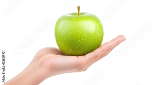 Woman's Hand Presenting Perfectly Round Green Apple with Detailed Skin Texture