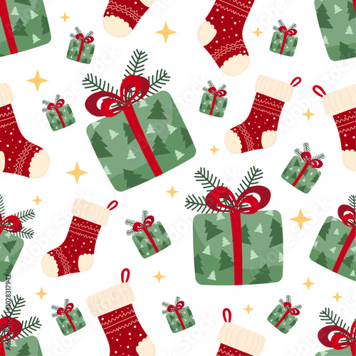 Christmas stockings and gift boxes seamless pattern on white isolated background. Cute illustrations in joyful Christmas holiday concept. For holiday decor, kids prints, gift paper.