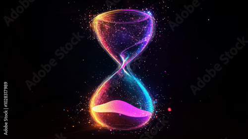 A colorful, digital image of a hourglass made from glowing particles. The image represents the concept of time management in business, using simple line drawings.