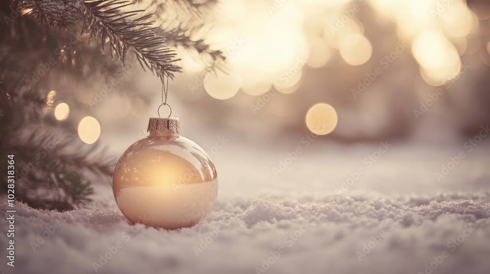 A gold ornament hangs from a tree branch A gold ornament hangs from a tree branch