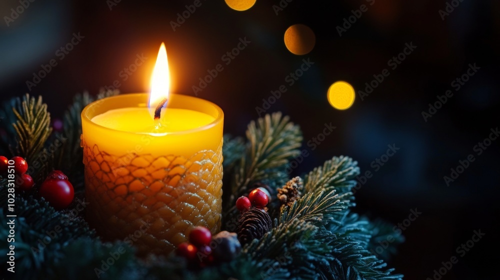A candle is lit in a glass container with red berries and pine needles