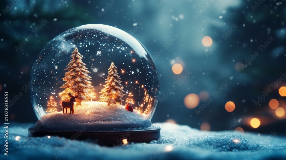 A glass ball with a tree inside and a deer outside A glass ball with a tree inside and a deer outside