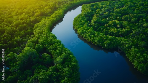 Aerial view of a winding river flowing through a lush green mangrove forest.