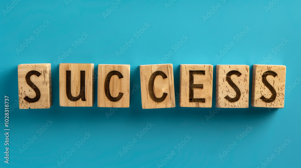 Wooden blocks spelling the word “SUCCESS” against a blue background. This image represents achievement, motivation, and goal-setting in a clean and modern design. Wooden blocks spelling the word “SUCCESS” against a blue background. This image represents achievement, motivation, and goal-setting in a clean and modern design.