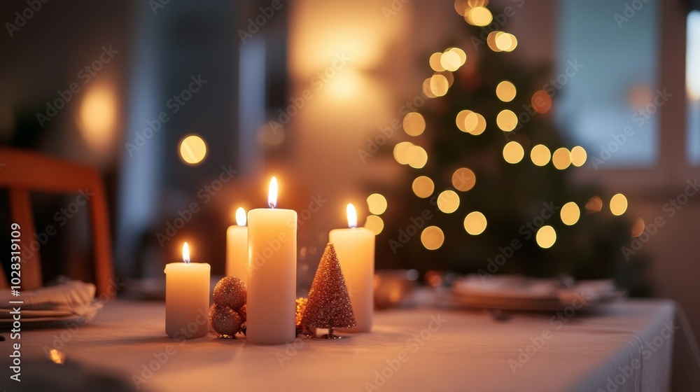 A table with candles and a Christmas tree in the background A table with candles and a Christmas tree in the background