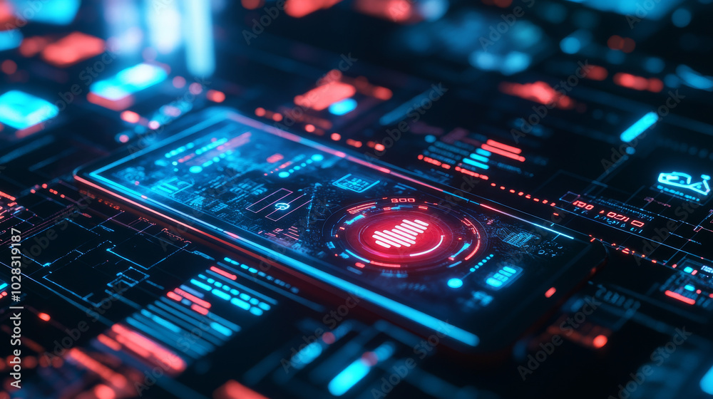 A futuristic phone screen with holographic elements. It shows data charts, communication icons, and a circle representing progress. The design emphasizes technology, innovation, and a bright future. A futuristic phone screen with holographic elements. It shows data charts, communication icons, and a circle representing progress. The design emphasizes technology, innovation, and a bright future.