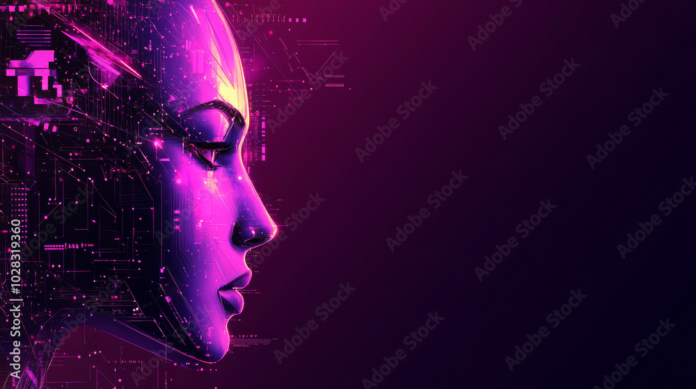 A futuristic, digital head with a dark violet glow. This abstract design uses high-tech concepts and vector art to create a modern, tech-inspired image.