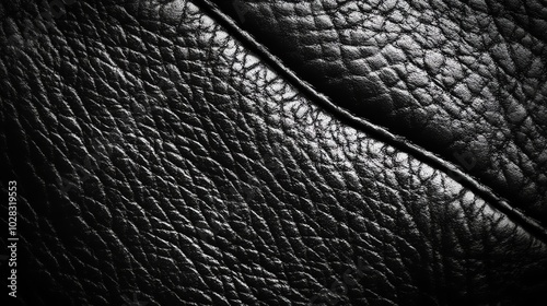 A close-up of a black leather texture with a visible seam. photo