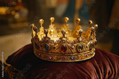 Ornate Gold Crown with Gemstones on Red Velvet Cushion