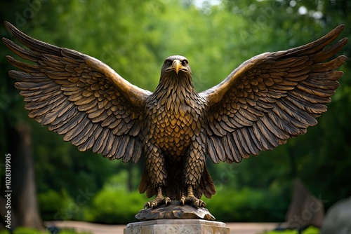 A bronze sculpture of an eagle with wings spread wide against a green background. photo