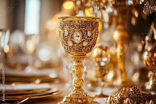 Ornate Golden Goblet with Blue and White Gemstones