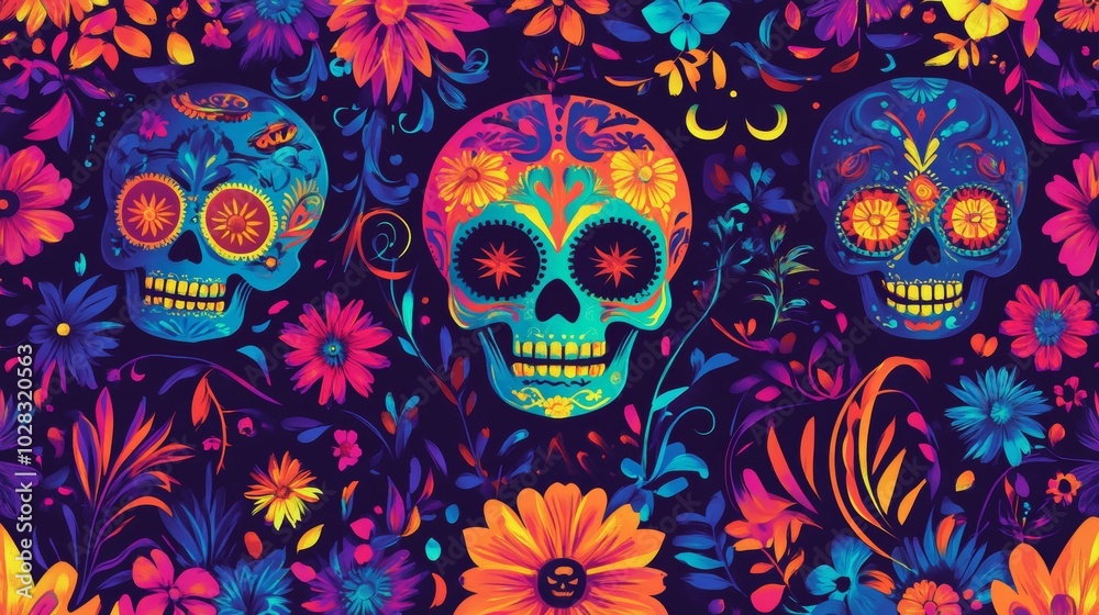 A colorful painting of three skulls and flowers A colorful painting of three skulls and flowers