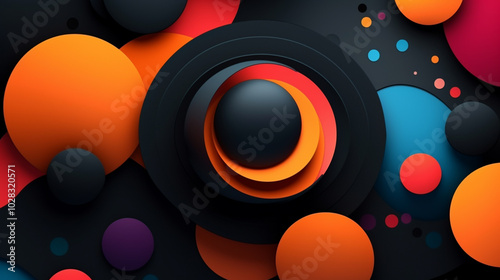 Abstract background A dynamic digital art piece featuring abstract geometric shapes in vibrant colors with 3D circles and a modern design aesthetic. 