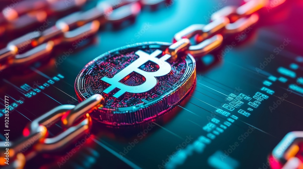 Obraz premium Blockchain disruption, digital web, hologram highlights, vibrant colors