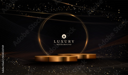 Gorgeous design with a gold podium, glittering mosaic and an abstract round frame.