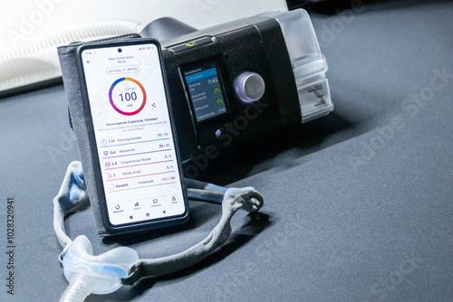 CPAP machine with nose CPAP mask and smartphone with digital app for treatment stats and medical reports or health reports and digital assistant for therapy analysis and therapy reports patient files