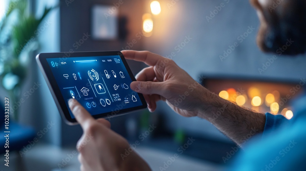Man Adjusting Smart Home Settings with Digital Tablet Device