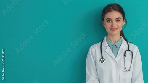 Female doctor with stethoscope explaining diagnosis to patient, modern healthcare brochure design