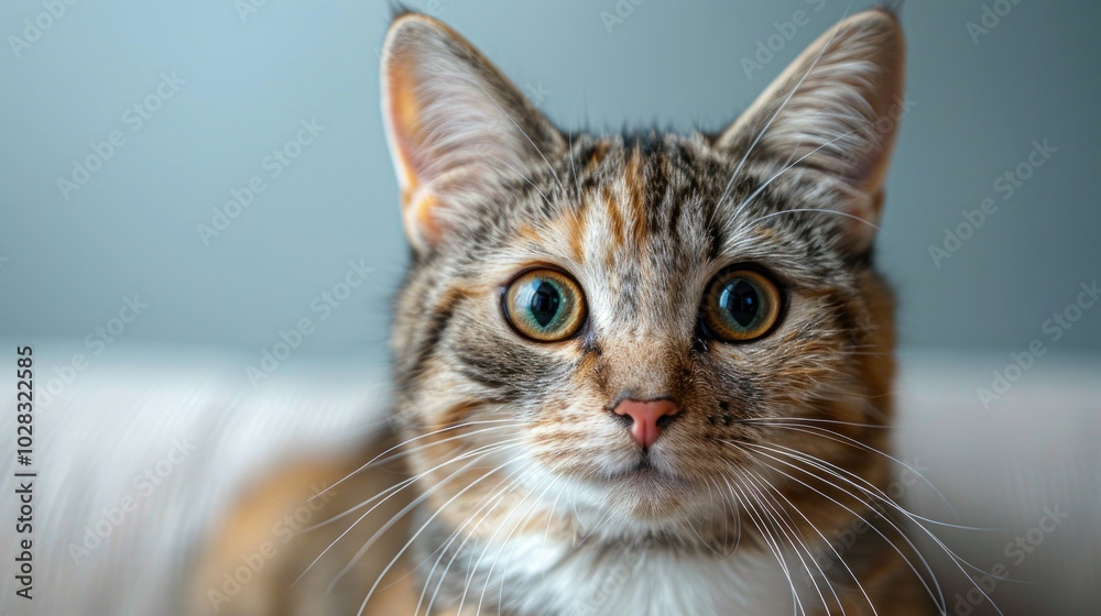 A cute tricolor cat sits staring at the camera on a white background. A cute tricolor cat sits staring at the camera on a white background.