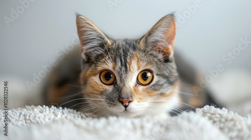 A cute tricolor cat sits staring at the camera on a white background. photo