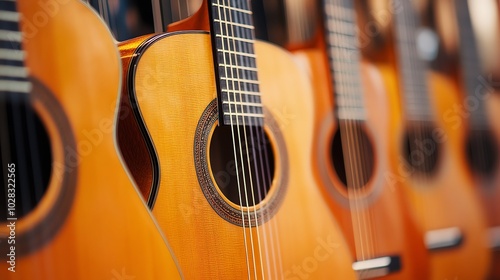 Close-up of a row of acoustic guitars.