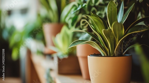 A close-up of a potted houseplant with other plants blurred in the background.