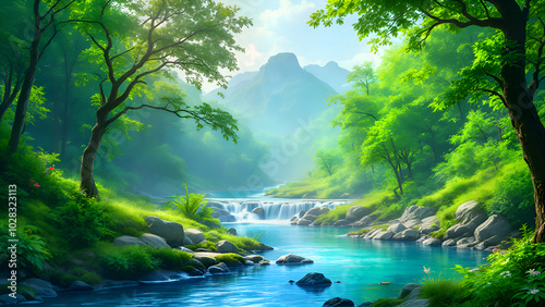 Serene Mountain Stream: A picturesque scene of a sparkling river winding through a lush green valley, framed by towering mountains and bathed in the soft light of a sun-drenched sky. 