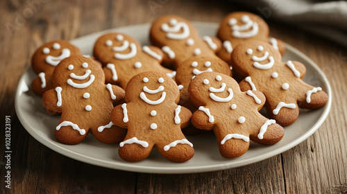 Plate of gingerbread cookies with icing on wooden table for food photography