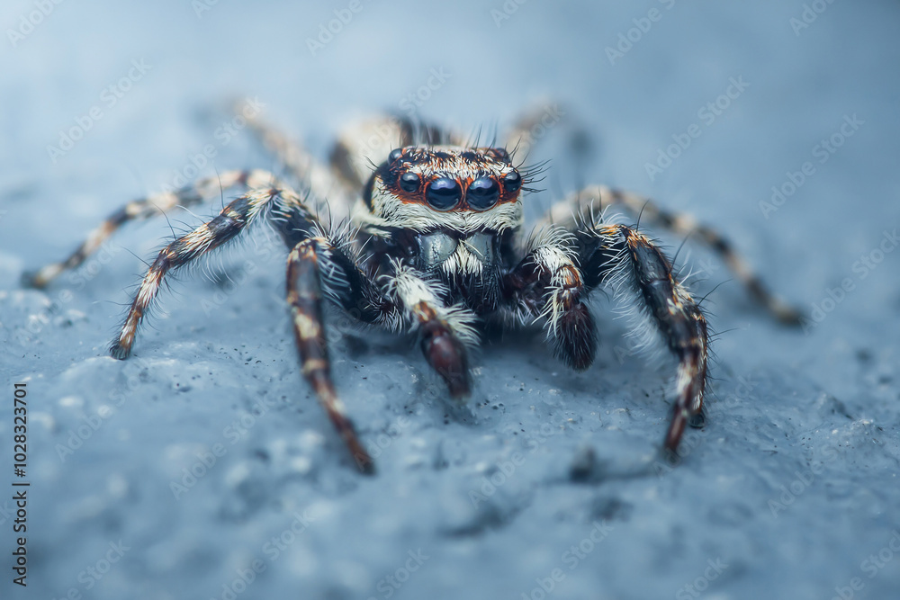 Jumping spider standing on a blue concrete surface. Jumping spider standing on a blue concrete surface.
