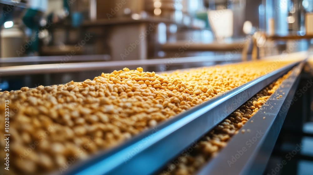 Cereal Production Process in a Factory Setting With Blurred Focus on Grains. Generative AI Cereal Production Process in a Factory Setting With Blurred Focus on Grains. Generative AI