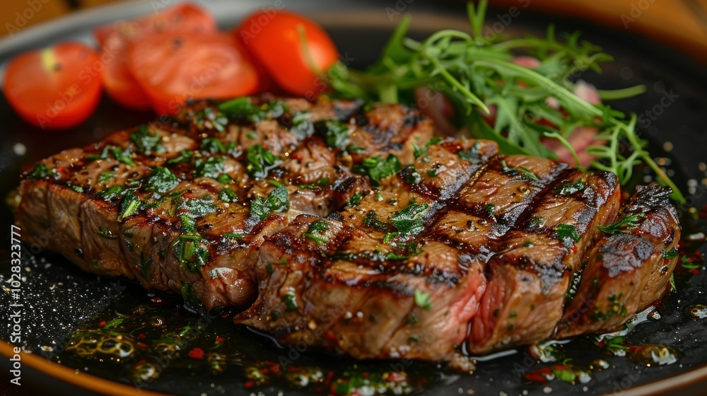 Juicy medium rare grilled steak daylight Juicy medium rare grilled steak daylight