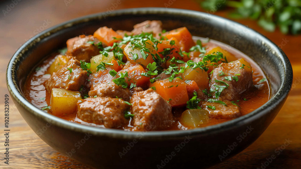 Bowl of beef stew with vegetables and herbs on wooden table for food photography Bowl of beef stew with vegetables and herbs on wooden table for food photography