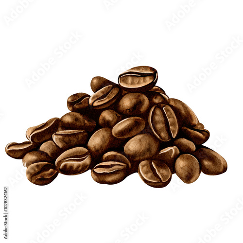 a lot of coffee beans. A bunch of beans. Roasted aromatic coffee. Dark brown and brown in color. watercolor illustration. No background