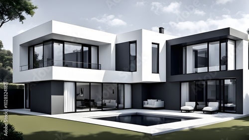 modern real estate residential house using clean lines and geometric forms in a monochromatic color palette of grey, black, and white