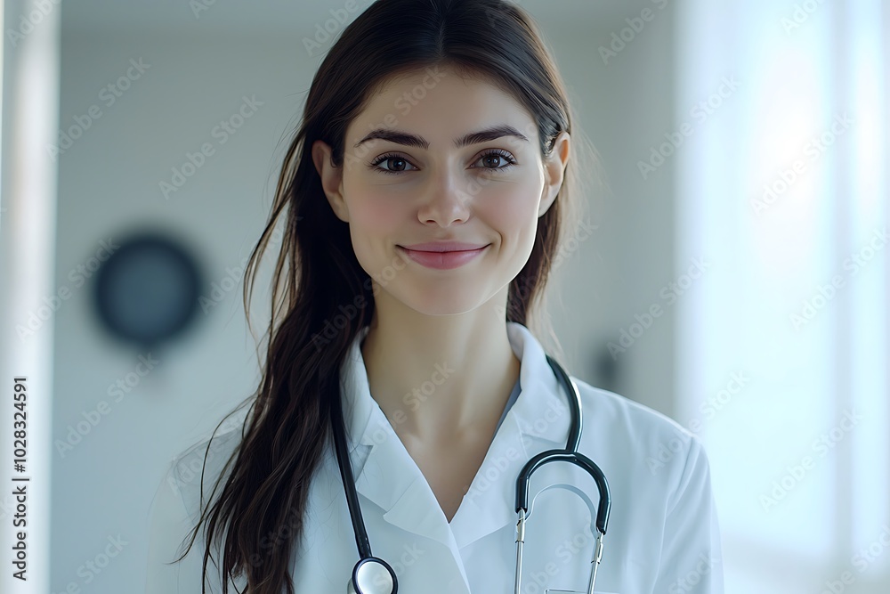 A smiling female doctor in a contemporary clinic, wearing her stethoscope confidently. A smiling female doctor in a contemporary clinic, wearing her stethoscope confidently.