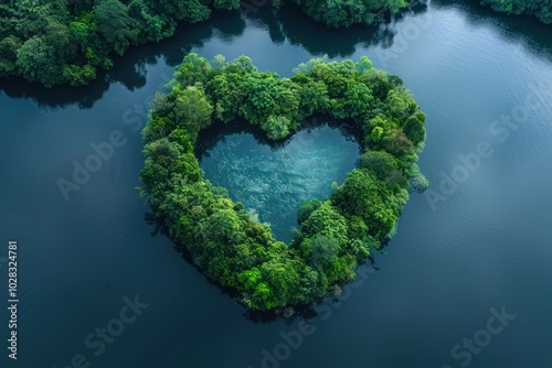 Forest Heart: Aerial View of Island Symbolizing Environmental Devotion, Water Sustainability, and Global Warming Protection